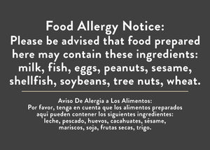 Food Allergy Notice <BR> Bar Sign <BR> <BR> <br>