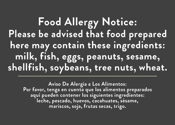 Food Allergy Notice <BR> Bar Sign <BR> <BR> <br>